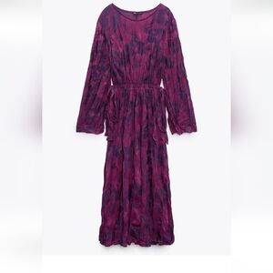 Zara Purple and Magenta Crinkle Jaquard Maxi Dress Small
